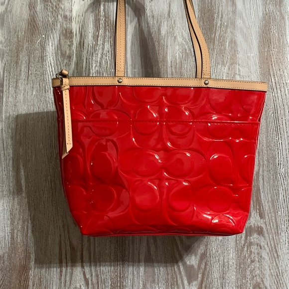 Coach Red and Tan Glossy Tote with Embossed Design - Picture 4 of 5